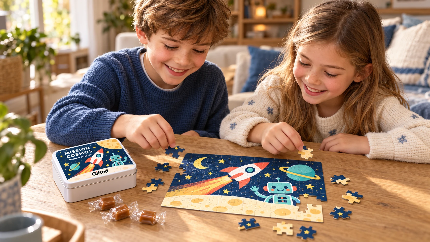 Un garçon et une fille assemblent le puzzle Mission Cosmos, avec le coffret Gifted et ses caramels