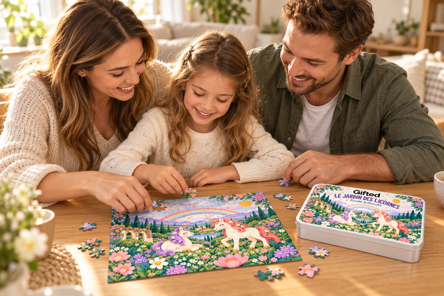 Une petite fille partage un moment de jeu avec ses parents autour du puzzle Gifted