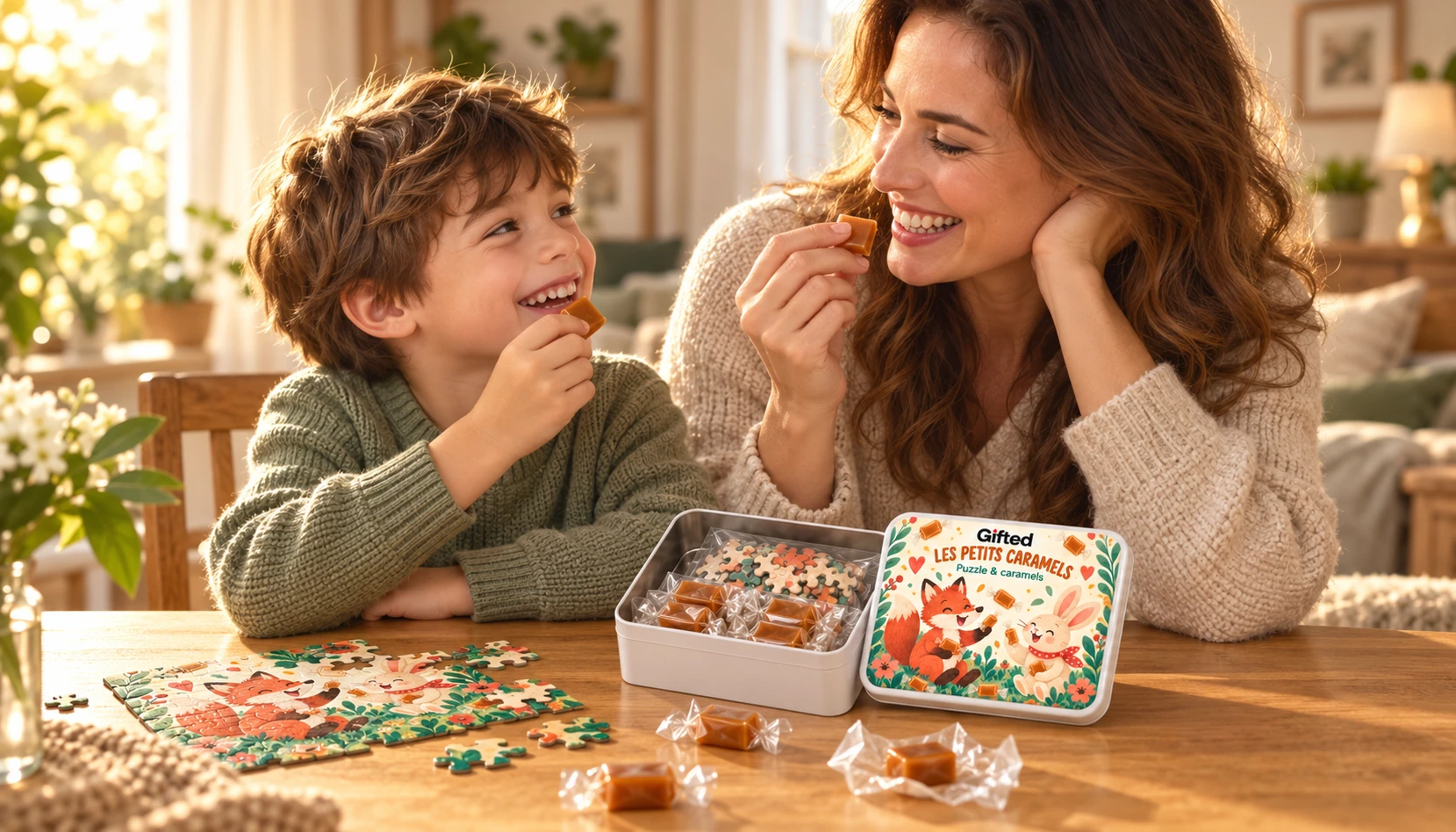 Un garçon et sa maman savourent des caramels avec le coffret Gifted Les Petits Caramels et le puzzle du renard et du lapin