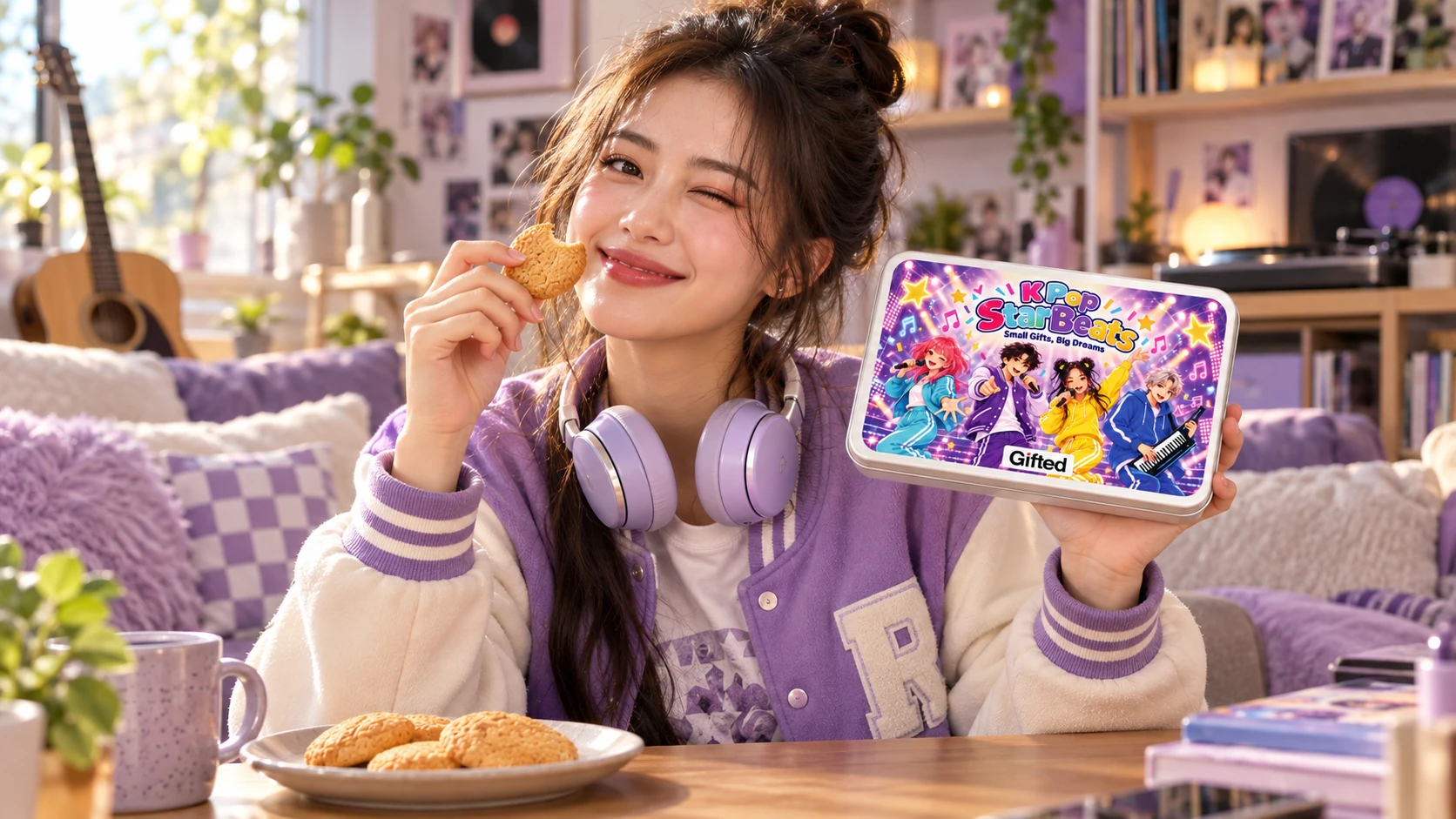 Une fan de K-pop déguste un biscuit en tenant son coffret Gifted K Pop StarBeats